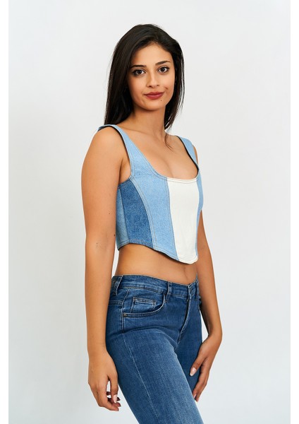 Kadın Mavi Askılı Arkadan Fermuarlı Jean Crop Bluz