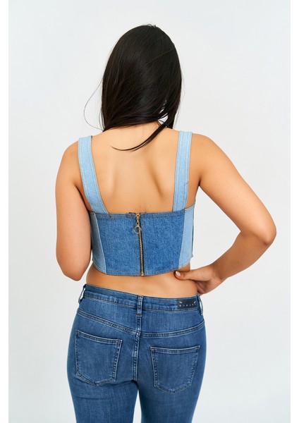 Kadın Mavi Askılı Arkadan Fermuarlı Jean Crop Bluz