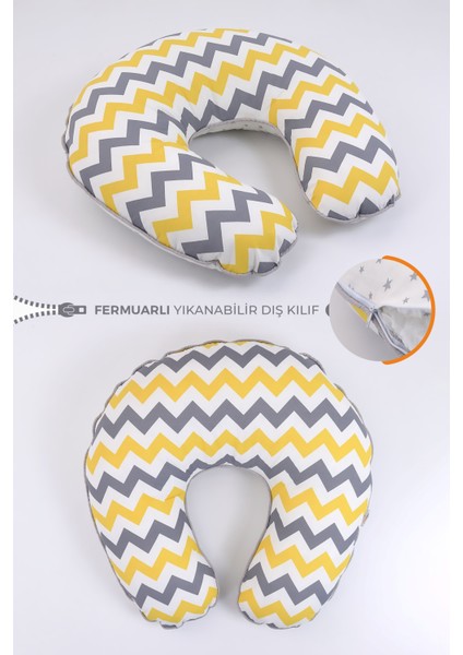 Emzirme Yastığı Minderi, Pamuk Kumaş - Sarı Gri Zikzak