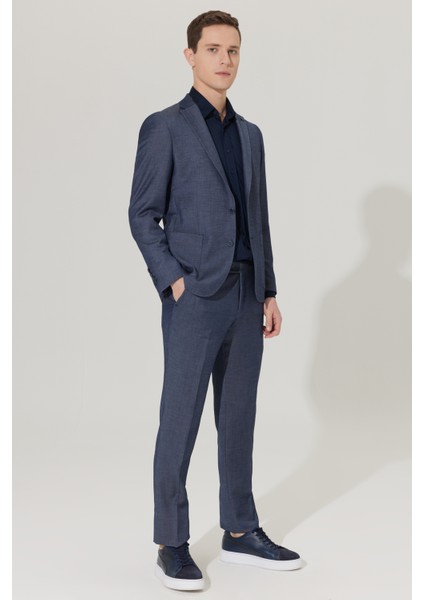 ALTINYILDIZ CLASSICS Erkek Lacivert Slim Fit Dar Kesim Mono Yaka Armürlü Takım Elbise