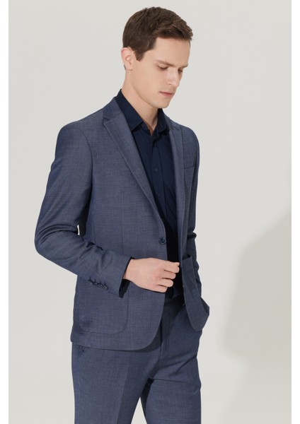 ALTINYILDIZ CLASSICS Erkek Lacivert Slim Fit Dar Kesim Mono Yaka Armürlü Takım Elbise