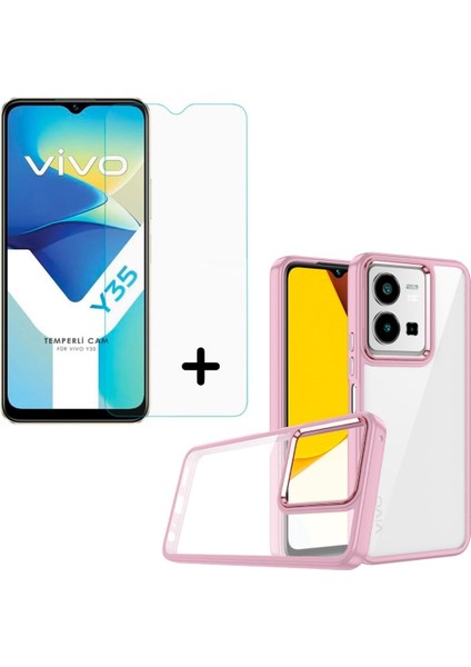 Vivo Y35 ile Uyumlu Kılıf Kontrast Renkli Telefon Kılıfı ve Temperli Cam Ekran Koruyucu Seti