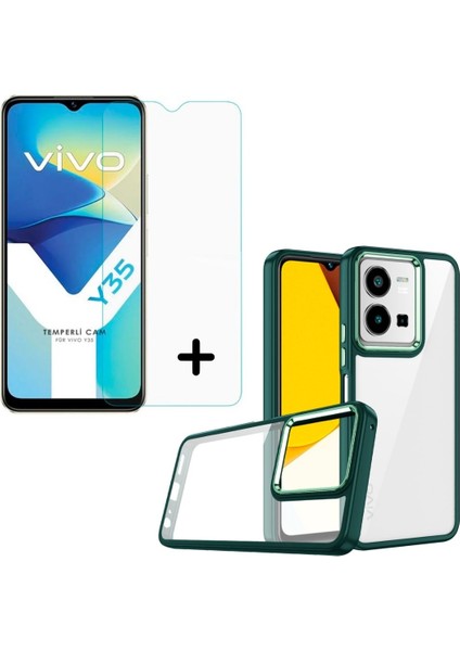 Vivo Y35 ile Uyumlu Kılıf Kontrast Renkli Telefon Kılıfı ve Temperli Cam Ekran Koruyucu Seti