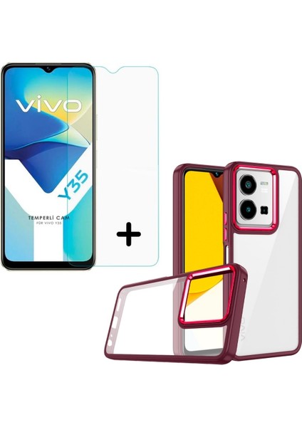 Vivo Y35 ile Uyumlu Kılıf Kontrast Renkli Telefon Kılıfı ve Temperli Cam Ekran Koruyucu Seti