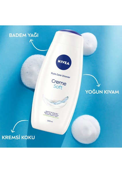 NIVEA Creme Soft Kremsi Dokunuş Banyo Ve Duş Jeli 500ml, Vücut Nemlendirici, Badem Yağı, Pürüzsüz Cilt