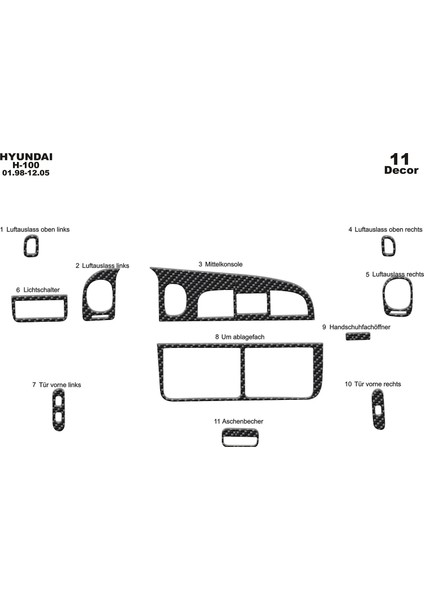 Meriç® Hyundai H 100 Ön Torpido Kaplama Maun 11 Parça 1998-2004