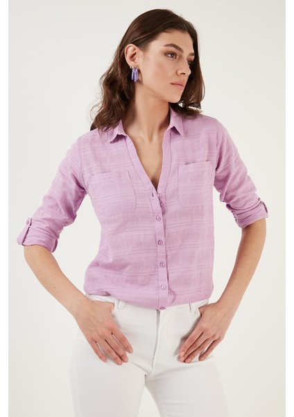 Pamuklu Çift Cepli Slim Fit Katlanabilir Kollu Ince Gömlek Bayan Gömlek 514257517