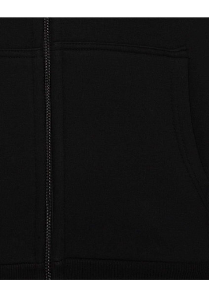3 Iplik Kapşonlu Fermuarlı Siyah Sweat Hırka