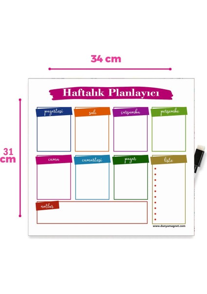 Dünya Magnet Haftalık Magnet Planlayıcı, Yazı Tahtası Pano + 2 Kalem