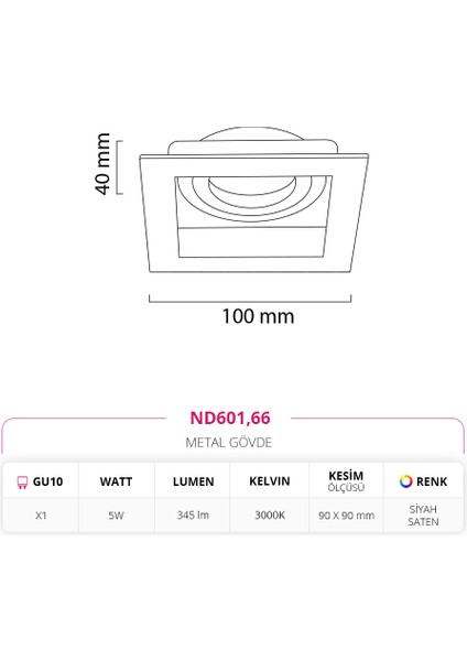 Sıva Altı Spot Siyah Saten 5W 3000K Gün Işığı ND601