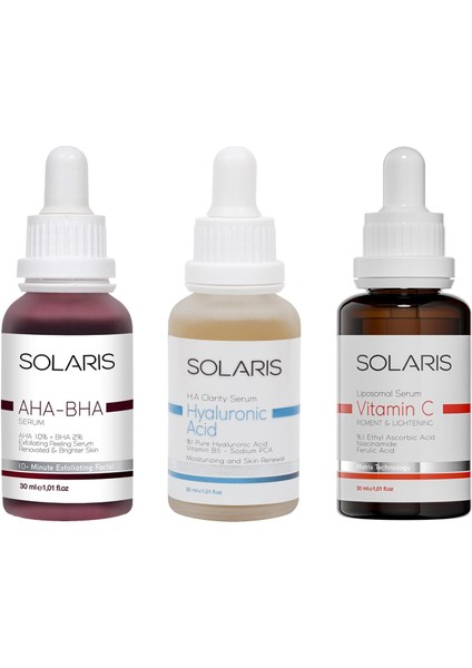 Cilt Tonu Eşitleyici Aha %10 + Bha %2 Serum 30 ml ve Hyaluronik Asit Serum 30 ml ve Leke Karşıtı C Vitamini Serum 30 ml