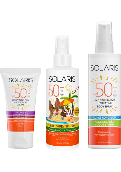 Güneş Kremi Leke Karşıtı Spf 50+ (50 Ml) ve Çocuk Güneş Kremi Sprey Spf 50+ (150 Ml) ve Yetişkin Güneş Koruyucu Krem Sprey Spf 50+ (200 Ml)