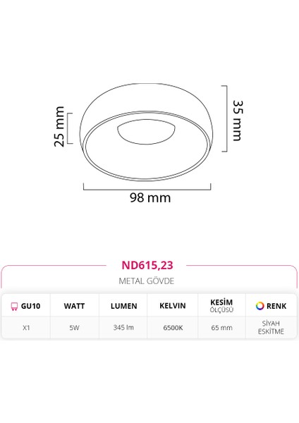 Sıva Altı Spot Siyah Eskitme 5W 6500K Beyaz Işık ND615 fiyatları