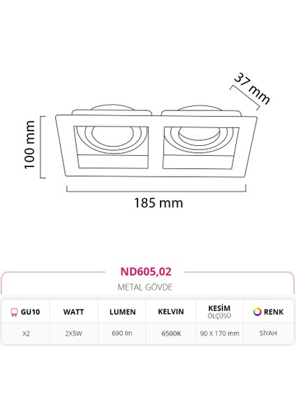 Sıva Altı Ikili Spot Siyah 2X5W 6500K Beyaz Işık ND605 modelleri