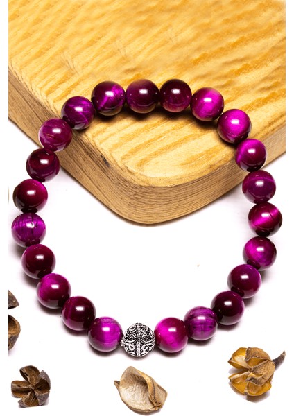 Sertifikalı Aaa+ Pembe Kaplan Gözü Taşı Bileklik - Gümüş Aparatlı