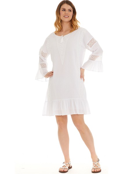 Uzun Kol Beyaz Şile Bezi Kısa Elbise