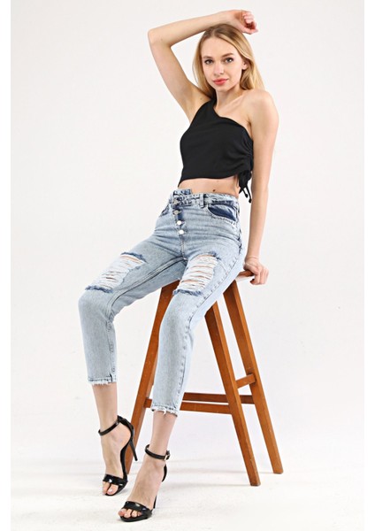 Paça Lazerli Mom Jean Kadın Pantolon 4075 Mavi fiyatları