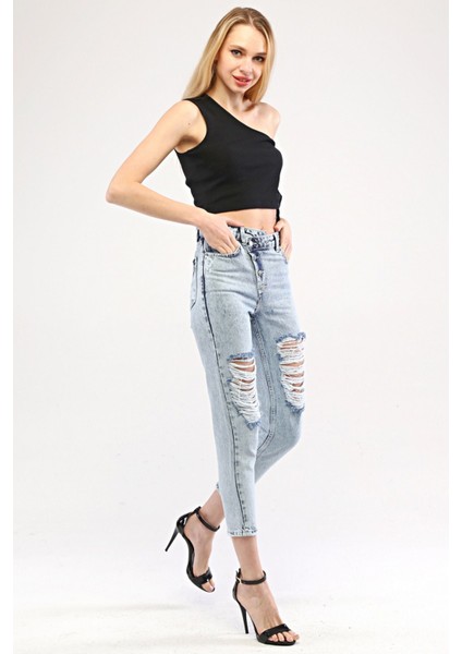 Paça Lazerli Mom Jean Kadın Pantolon 4075 Mavi modelleri