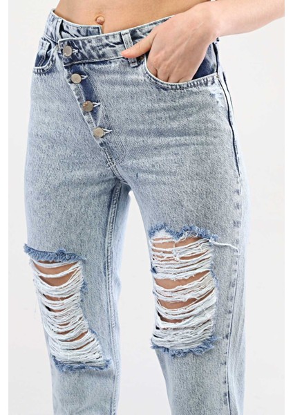 Paça Lazerli Mom Jean Kadın Pantolon 4075 Mavi fırsatları