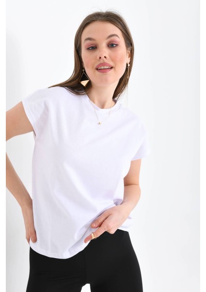 Kadın Beyaz Düşük Kol Pamuklu Örme T-Shirt
