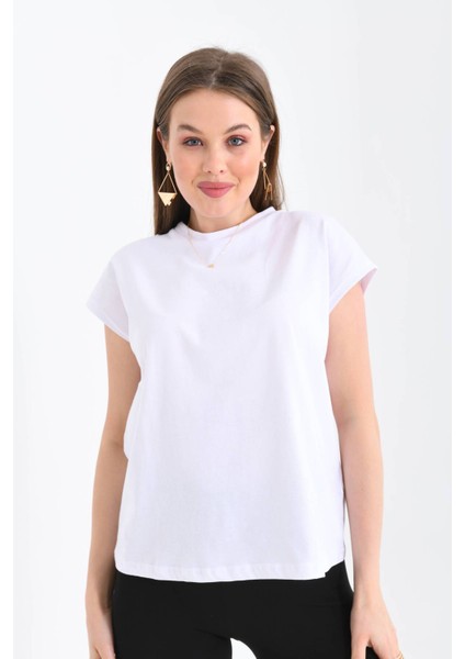 Kadın Beyaz Düşük Kol Pamuklu Örme T-Shirt fırsatları