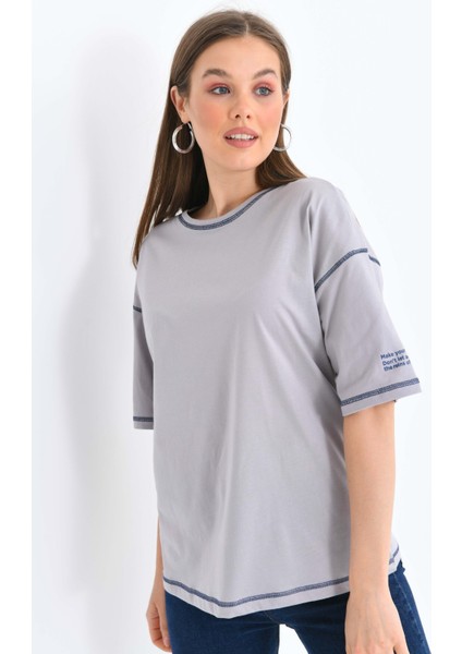 Kadın Füme Karyoka Dikişli Geniş Kalıp Tek Kolu Baskılı Örme T-Shirt