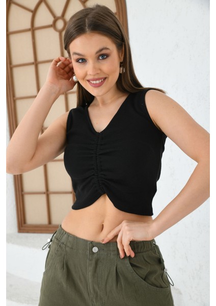 Kadın Siyah Büzgü Detaylı V Yaka Örme Crop Bluz modelleri