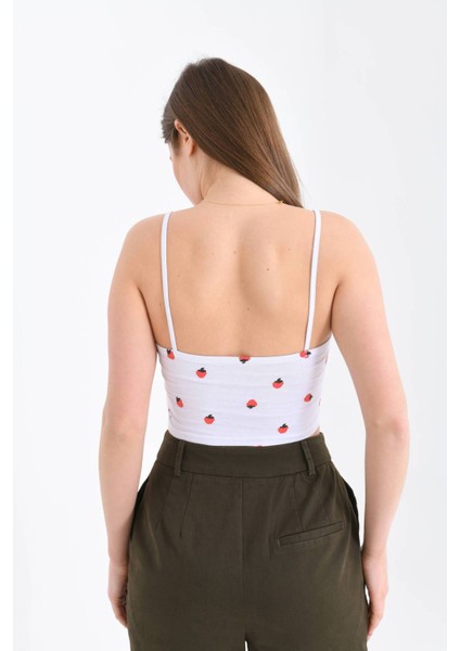 Kadın Beyaz Tül Detay Çilek Baskılı Askılı Crop Bluz indirimleri
