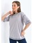 Kadın Füme Karyoka Dikişli Geniş Kalıp Tek Kolu Baskılı Örme T-Shirt 2