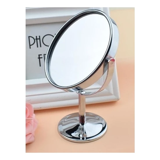 Ess Mini Boy Krom Kaplama 5x Büyüteçli Masa Aynası Dekoratif Makyaj Aynası Çift Taraflı Metal Ayaklı