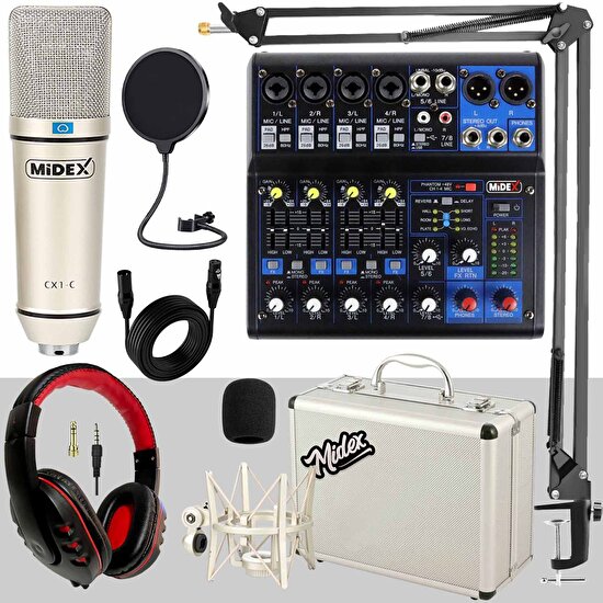 Midex Mix Paket-4 Stüdyo Youtuber Podcast Kayıt Ekipman Seti Cx1 Mikrofon MDX-06FXU Mixer