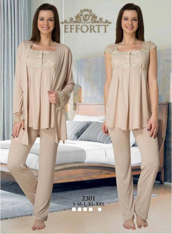 Effort t 2301 Effortt Kadın Sütlü Kahve Sabahlıklı Lohusa Pijama Takımı
