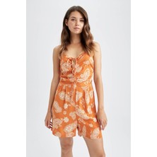 DeFacto Straight Fit Kare Yaka Etnik Desenli Krinkıl Kumaş Askılı Mini Tulum Y0984AZ22SM