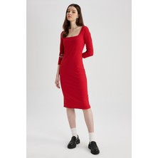 DeFacto Bodycon Kare Yaka Uzun Kollu Fitilli Kaşkorse Kırmızı Midi Elbise Z5267AZ23SP