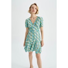 DeFacto V Yaka Floral Kısa Kollu Mini Elbise Y8414AZ22HS