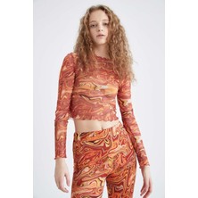 DeFacto Coool Skinny Fit Desenli Tül Uzun Kollu Crop Tişört X3360AZ22SP