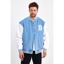 Buz Mavi Damga Oversize Kolej Mont Erkek Pamuklu Renk Bloklu Tasarım XL Beden