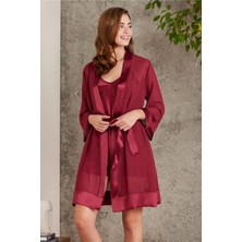 Pierre Cardin 7085 Kadın Bordo Gelin Çeyiz Seti 4'lü Saten Sabahlık Gecelik Şortlu Takım