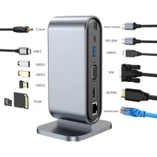 Wozlo Type-C To HDMI 4K@30Hz, VGA 4xusb3.0, RJ45 Ethernet, Kart Okuyucu, Pd 100W, 3.5mm Ses Çevirici Kablo