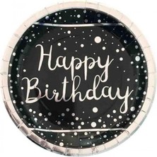 Kidspartim Gümüş Happy Bırthday Varak Baskılı Siyah Tabak