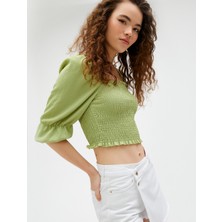 Koton Crop Tişört Gipeli Balon Kollu Kare Yaka