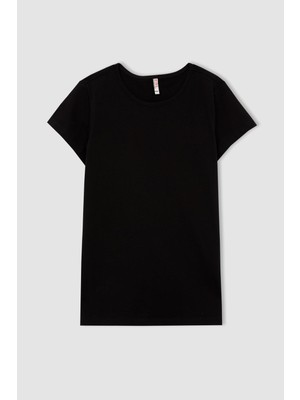 DeFacto Kız Çocuk Siyah Bisiklet Yaka Kısa Kollu Tişört Günlük Tarz Pamuklu