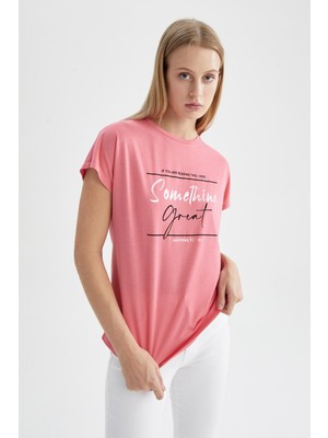 DeFacto Yarasa Kol Slogan Varak Baskılı Tişört X6646AZ22SM