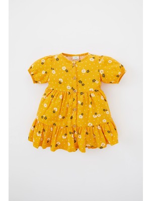 DeFacto Kız Bebek Çiçekli Kısa Kollu Twill Elbise A0406A523SM