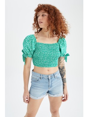 DeFacto Coool Crop Kare Yaka Kısa Balon Kollu Poplin %100 Pamuk Bluz Y0827AZ22HS