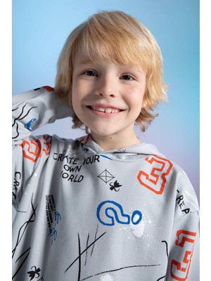 DeFacto Erkek Çocuk Oversize Fit Kapüşonlu Desenli Sweatshirt W7764A622SP
