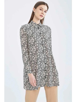 DeFacto Regular Fit Çiçek Desenli Uzun Kollu Gömlek Tunik X3321AZ22SM