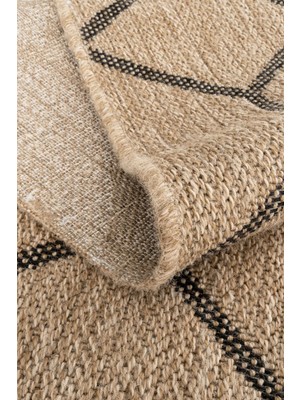 Hoom Rugs Bej & Siyah Geometrik Desenli Jüt Kilim - Bohem Salon ve Mutfak Halısı - Hoom Rugs India 669