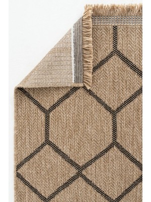 Hoom Rugs Bej & Siyah Geometrik Desenli Jüt Kilim - Bohem Salon ve Mutfak Halısı - Hoom Rugs India 669