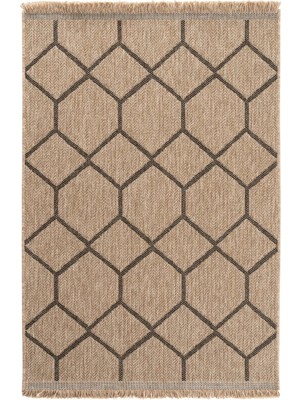 Hoom Rugs Bej & Siyah Geometrik Desenli Jüt Kilim - Bohem Salon ve Mutfak Halısı - Hoom Rugs India 669